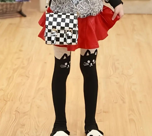 Knitted Solid Color Tights with Animal Patterns for Girls