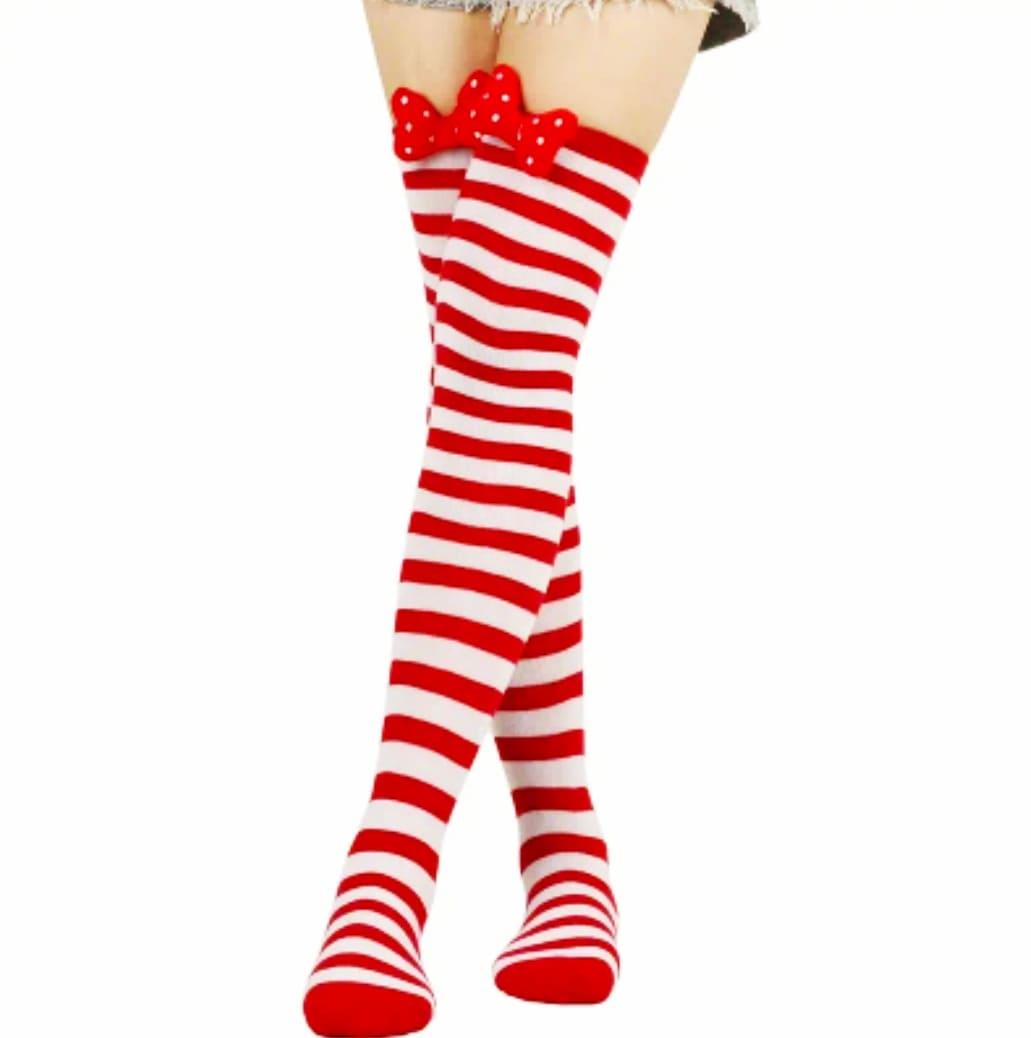 Knee-High Christmas Style Socks with Cute Bow and Striped Pattern for Girls - Frosted Feet